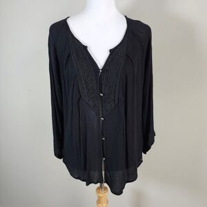 Roxy Embroidered Blouse Womens Small Black Viscose Gauze Boho Witchy Whimsigoth